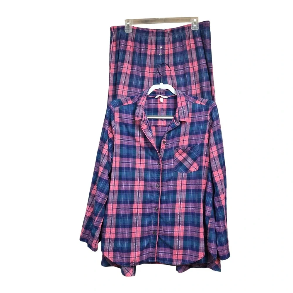Victoria's Secret Pajama Set Women L Pink Blue Plaid Flannel Button Lounge Cozy